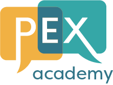PEX Academy logo met gele en groene tekstballonnen, gebruikt in de footer van het trainingsplatform